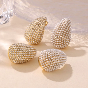 Waterdrop stud earrings with pavé pearls and rhinestones in gold plated titanium steel