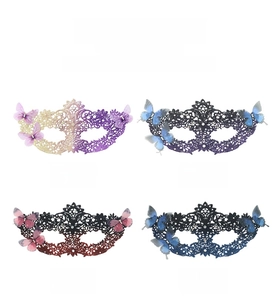 Detailed grid of venetian lace masks with gradient rhinestones and 3D butterfly details