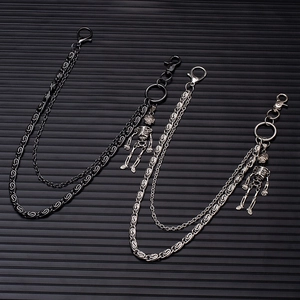 Punk gunmetal double layer pants chain with skeleton pendant and metal lobster clasp