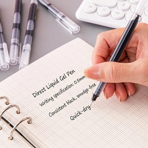Black 0.5mm liquid rollerball pen with transparent barrel for smooth quick-dry writing