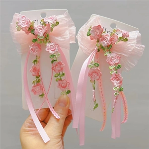 Pink floral embroidery hair clips with tulle bows and long ribbons for little girls