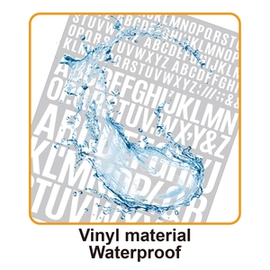 Waterproof vinyl alphabet stickers shown with water splash to demonstrate durability