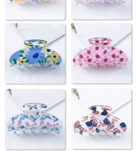 Collage of 8cm floral and strawberry print hair claws in vibrant colorful patterns