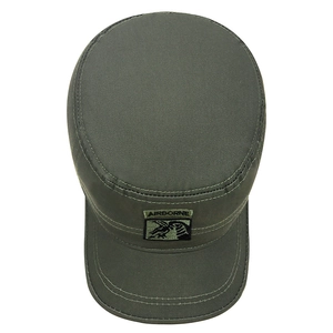 Olive green military flat top cap with Airborne embroidery and horse head patch