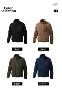 Detailed grid of men's fleece jackets in black, camel, emerald green and navy blue
