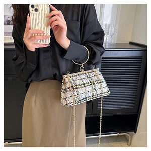 Detail of tweed sequin handbag with gold ring handle and metal chain shoulder strap