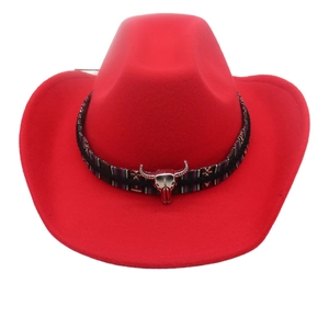 Vintage Western Cowboy Hat For Men Women Polyester Felt Fedora Ethnic Woven Band Bull Skull Decor Wide Brim Outdoor Sun Hat