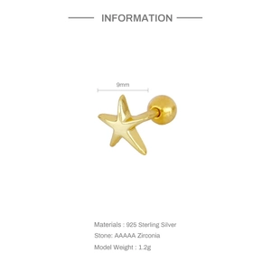 Macro detail of S925 sterling silver star stud earring with AAAAA zirconia and 9mm screw back