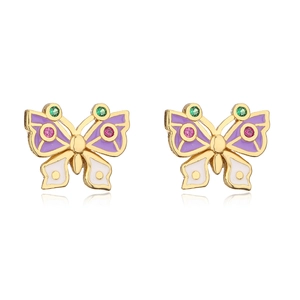 Detail of 18K gold plated butterfly stud earrings with purple enamel and colorful stones
