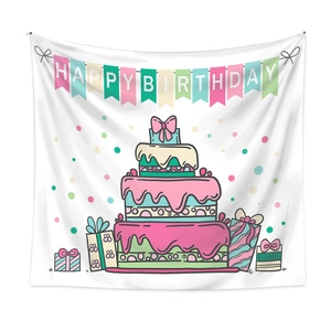 Bohemian happy birthday wall tapestry with colorful hand-drawn cartoon cake design