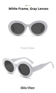 Detailansicht der weißen ovalen Sonnenbrille mit grauen UV-Gläsern und Kunststoffrahmen