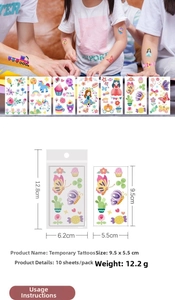 Detailed size specifications for 10-sheet waterproof cartoon tattoo stickers for kids