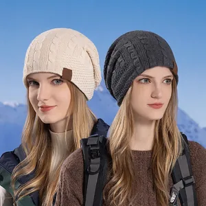 Winter Beanie Hat For Women Fleece Lined Cable Knit Warm Windproof Outdoor Sports Ski Cap Soft Acrylic Solid Color