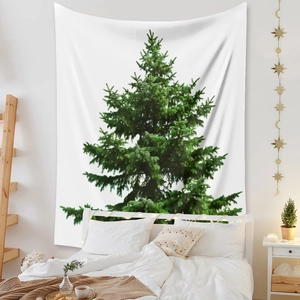 Christmas tree wall tapestry in bedroom with fairy lights and minimalist decor