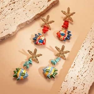 Starfish and tropical fish drop earrings in red and turquoise for beach vacations