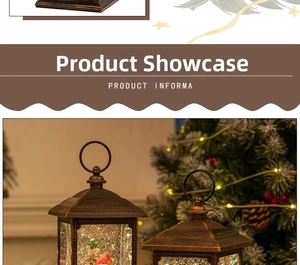 Close-up of vintage bronze Christmas lantern featuring snow globe water and JOY LOVE sign