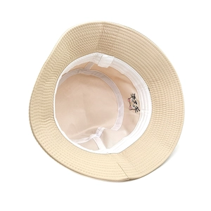 Beige cotton bucket hat with cute cat embroidery and reinforced inner white lining