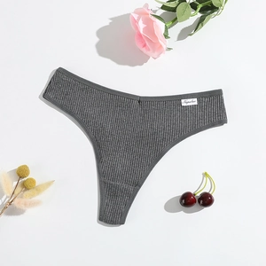 Grey ribbed cotton T-back thong for women with a low-waist design on a white background