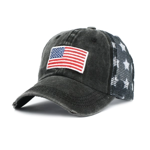 Detail of distressed American flag baseball cap with mesh back and star pattern embroidery