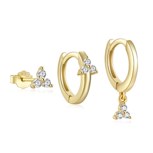 Detailed view of triple gold earring set with S925 silver hallmarks and zircon stones