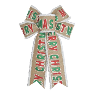 Nahaufnahme einer Juteschleife mit rotem Merry Christmas Glitzerdruck und grünen Details