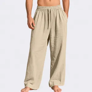 Men Casual Linen Trousers Breathable Loose Fit Straight Leg Pants With Elastic Drawstring Waist For Summer Beach Vacation