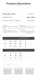 Tabella taglie dettagliata per set camicia e pantaloni bianchi con specifiche dei tessuti