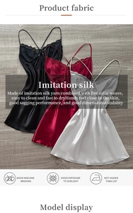 Detailed view of satin nightgown fabric textures and care icons in multiple colors