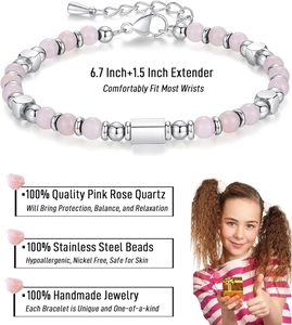 Detailed view of pink rose quartz and stainless steel beads with length specifications