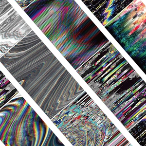 Detail of 10 waterproof glitch art stickers with various digital textures and patterns