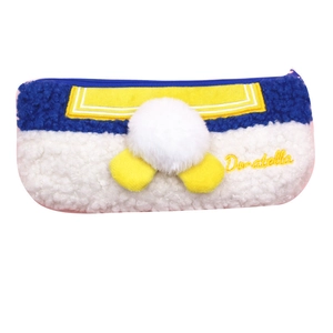 Cute blue and white plush pencil case featuring sailor collar design and large pompom