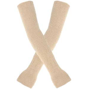 Detail von beige Strickstulpen mit weicher Textur und praktischem Daumenloch-Design