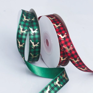 Christmas plaid ribbon set with gold reindeer patterns in red and green colors