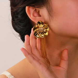 Sunflower Flower Tassel Earrings Stainless Steel 18K Gold Plated Exaggerated Long Fringe Asymmetrical Jewelry For Women