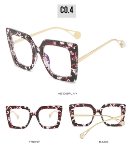 Three-angle view of marble purple square frame glasses with gold pearl-tip temples