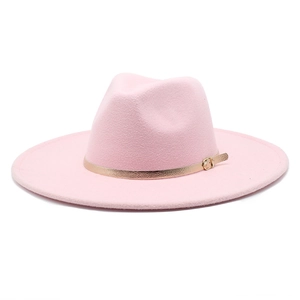 Detailed macro view of pink wool fedora hat featuring a thin gold metallic buckle band