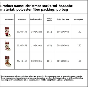 Detail specifications and sizes of Santa Claus, Snowman and Elk burlap Christmas stockings