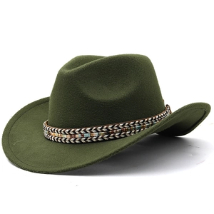Detailed view of dark green wool fedora with colorful ethnic woven belt decoration