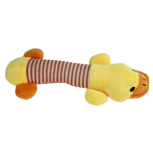 Detail shot of the plush duck pet toy with yellow head and brown striped body texture