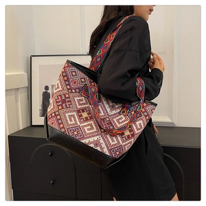 Detail view of woven geometric tote bag with ethnic patterns and durable PU leather base