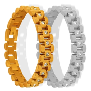 President style watch link bracelet in gold and silver finish with inlaid clear stones