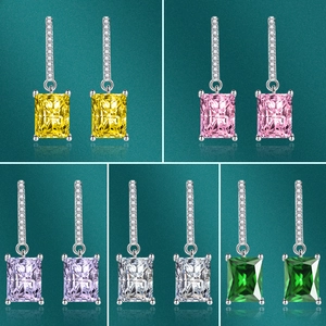 Rectangular Zircon Drop Earrings Copper Cubic Zirconia Emerald Cut Elegant Geometric Jewelry For Women