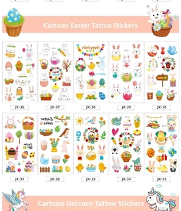 Grille détaillée montrant des tatouages temporaires de Pâques et licorne à paillettes