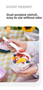 Close-up of portable yogurt bowl with dual-use spoon for outdoor picnic and desserts