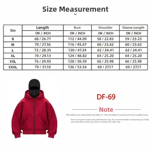Detailed size chart for men hoodie with measurements in centimeters and inches