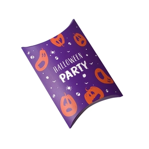 Purple Halloween pillow gift box featuring orange pumpkins and spooky party patterns