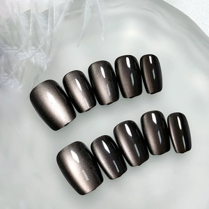 Handmade dark grey cat eye press-on nails in medium square-round shape, 10-piece set