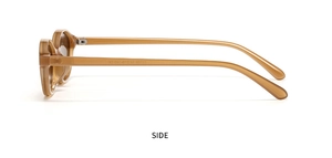 Side view of amber oval sunglasses featuring translucent frame and metal temple detail