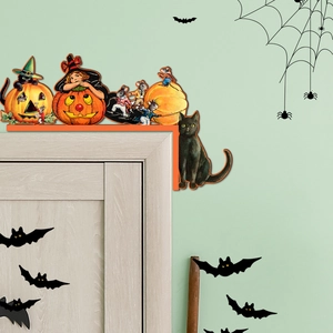 Detail of vintage Halloween door corner decor with pumpkin and black cat illustration