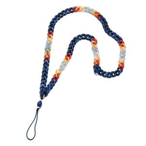 Macro detail of colorful resin phone strap chain with durable gold metal accents